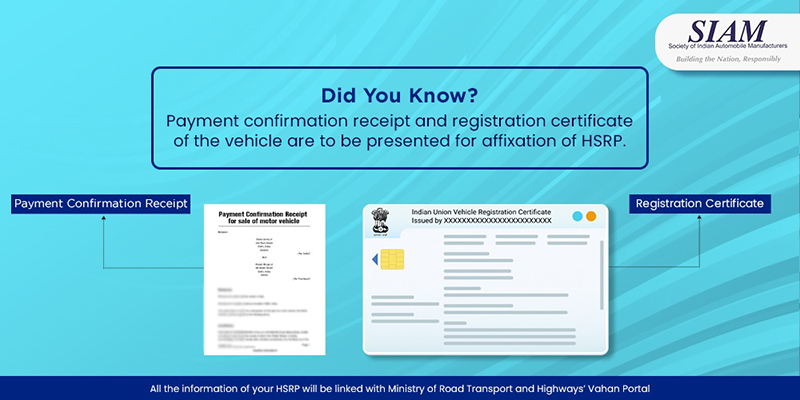 Payment confirmation receipt and registration certificate of the vehicle are to be presented for affixation of HSRP.